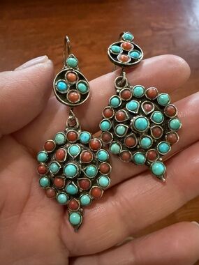 Navajo coral and turquoise cluster silver earrings.
